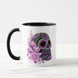 Mug Crâne de sucre rose floral noir Jour des morts