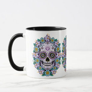 Mug Crâne de sucre violet avec des fleurs