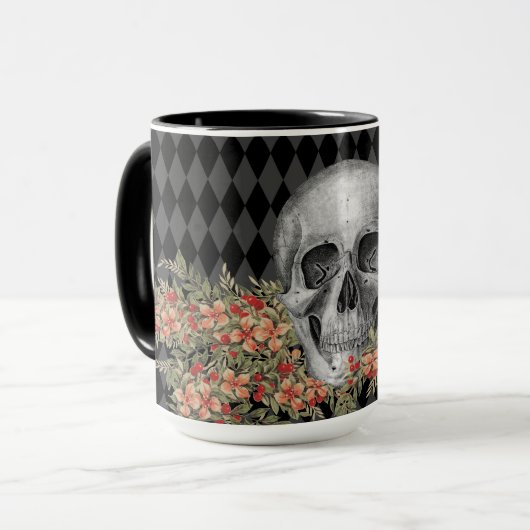 Mug Crâne et fleurs gothiques noir et blanc (Devant gauche)