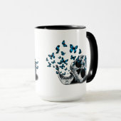 Mug Crâne et papillons bleus noir et blanc (Devant droit)