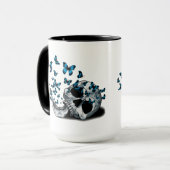 Mug Crâne et papillons bleus noir et blanc (Devant gauche)