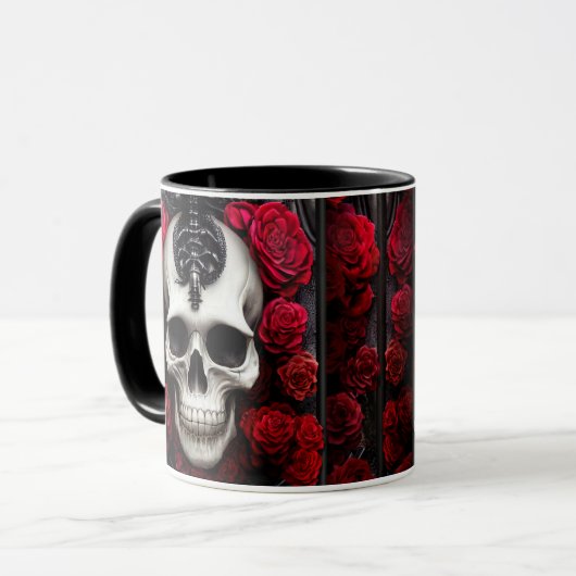 Mug Crâne foncé et gothique et Rose (Devant gauche)