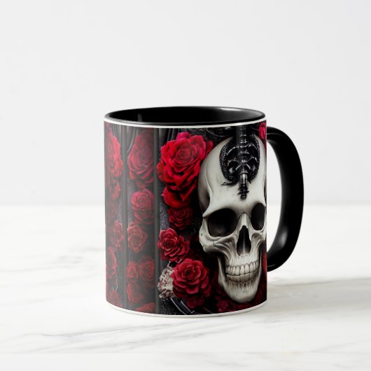 Mug Crâne foncé et gothique et Rose (Devant droit)