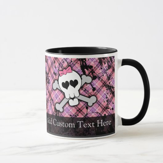 Mug Crâne grunge rose avec des coeurs d'os croisés (Droite)