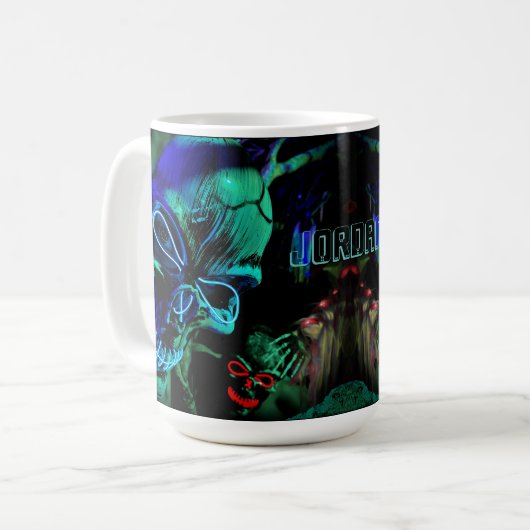 Mug Crâne Neon Turquoise bleu Nom Jour Mort Halloween (Devant gauche)