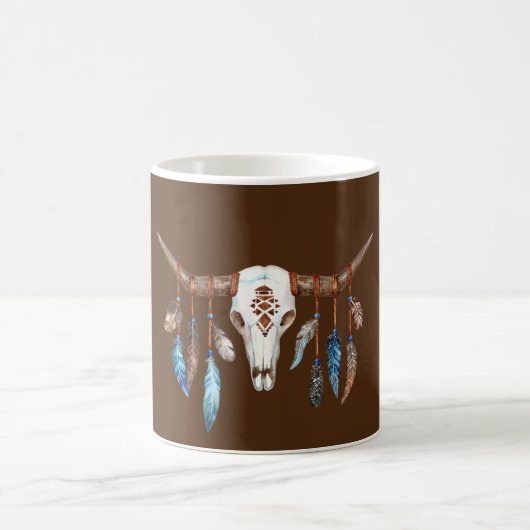 Mug Crâne occidental aquarelle avec des plumes (Centre)