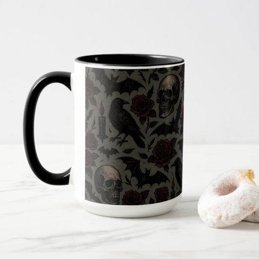 Mug Crânes gothiques, corbeaux et Motif Rose (Avec donut)