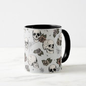 Mug Crânes Vintages gris et Roses (Devant droit)