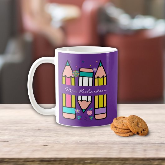 Mug Crayon de nom d'enseignant de dessin animé de coul