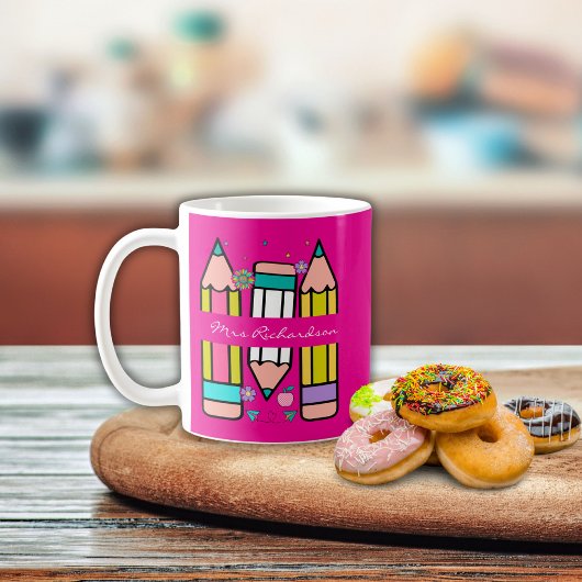 Mug Crayon nom de professeur de couleur rose chaud des