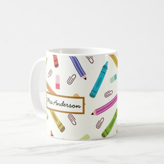 Mug Crayons mignons et crayons Nom de l'enseignant (Devant gauche)