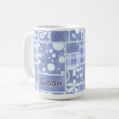 Mug Crazy Quilt Blue Gingham Floral Personalized (Devant gauche)