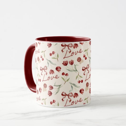 Mug Cream Red Cherry Hearts Valentine's Day Love Bows (Devant gauche)