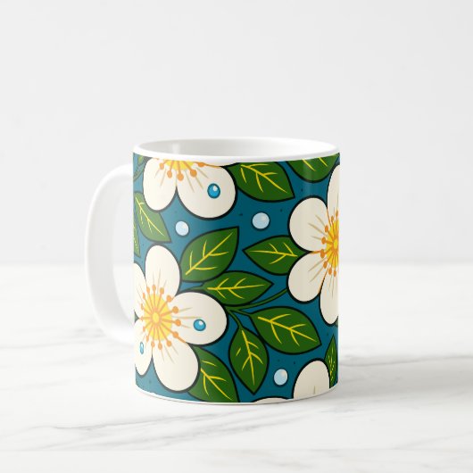 Mug Creamy White Florals Pattern with Green Leaves (Devant gauche)