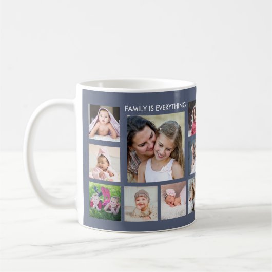 Mug Create Your Own 18 Photo Collage Family Name Blue (Gauche)