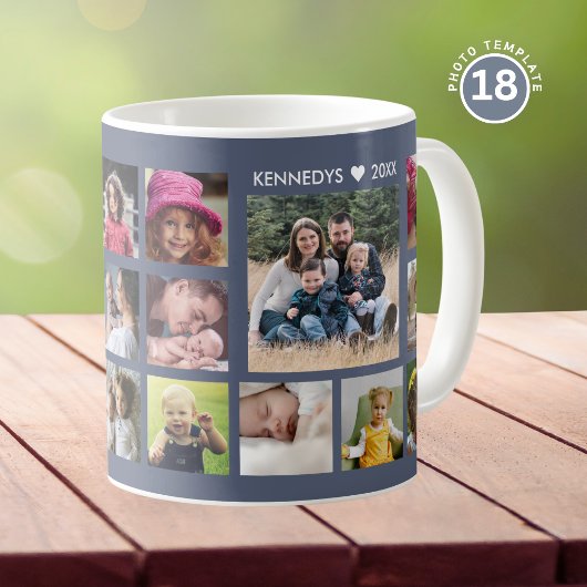 Mug Create Your Own 18 Photo Collage Family Name Blue