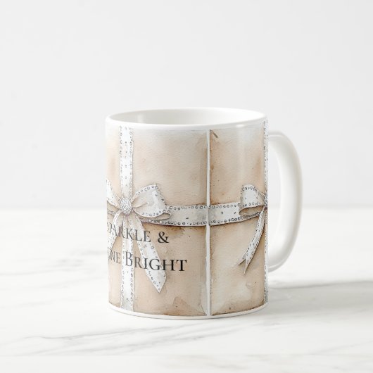 Mug Crème Blanc Argent Glitzy Glam Bow anniversaire (Devant droit)