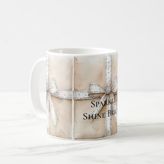 Mug Crème Blanc Argent Glitzy Glam Bow anniversaire (Devant gauche)