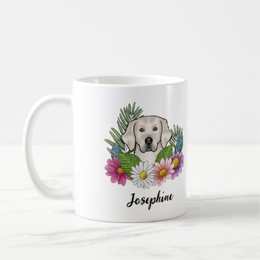 Mug Crème Golden Retriever Fleurs colorées et nom (Gauche)