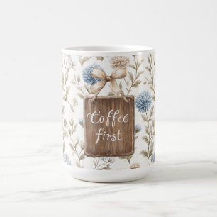 Mug Crème marron cacao Fleurs bleues Café en premier