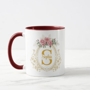 Mug Crête de mariage florale élégante, cadre en or vin
