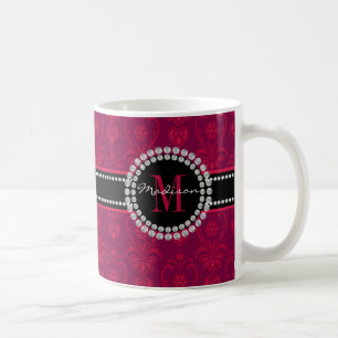 Mug Crimson rouge, Magenta Damask, Nom et Monogramme