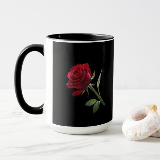 Mug Crimson sur l'ébène : La rose rouge unique, (Avec donut)