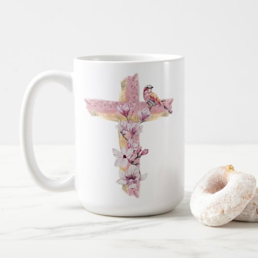 Mug Croix chrétienne avec magnolias roses (Avec donut)