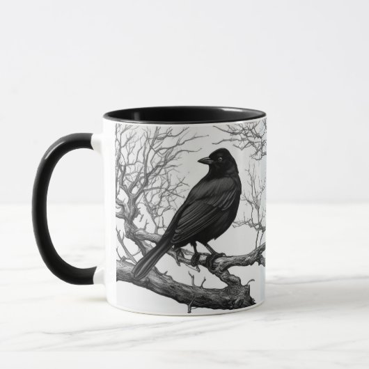 Mug Crow Perched on Bare Winter Branches (Gauche)