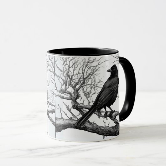 Mug Crow Perched on Bare Winter Branches (Devant droit)