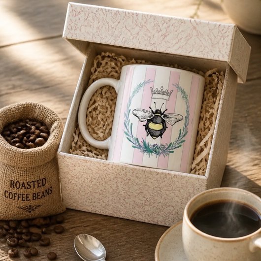 Mug Crown Bee en Couronne | Rayures Roses et Blanches 