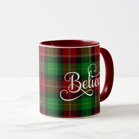 Mug Croyez Blanc Script Rouge Vert écossais Tartan (Devant droit)
