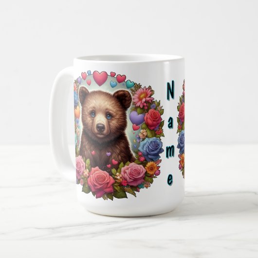 Mug Cube d'ours personnalisé avec Roses et coeurs (Devant gauche)