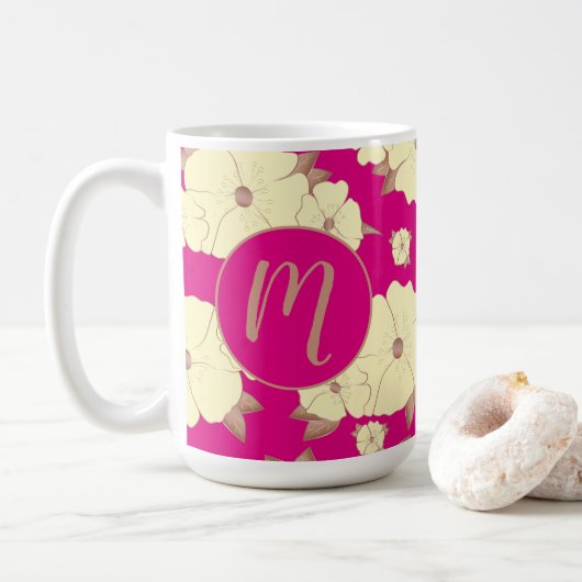 Mug Cuivre floral et jaune pastel sur Fuchsia Pink (Avec donut)