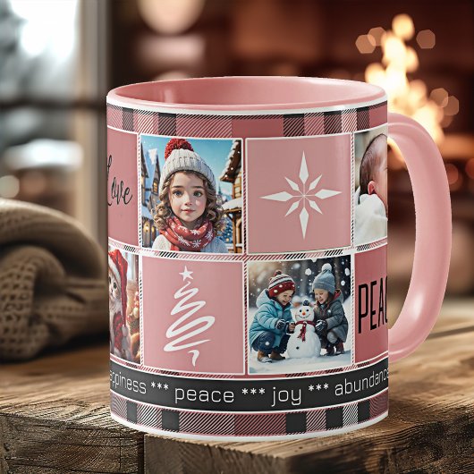 Mug Custom 5 Photos Sweet Pink Plaid Noël