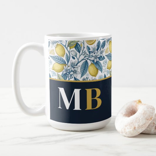 Mug Custom Elegant Mediterranean Lemon Botanical Navy (Avec donut)