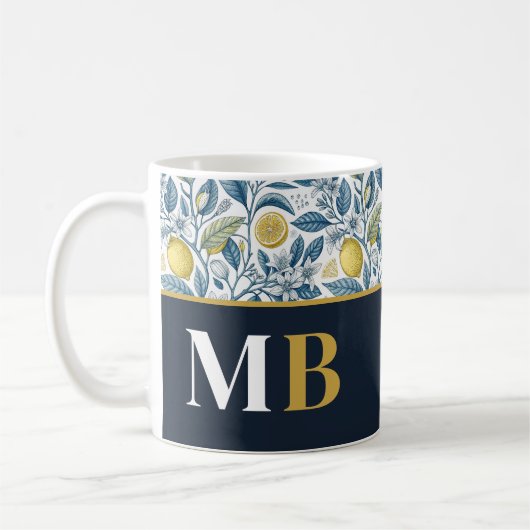 Mug Custom Elegant Mediterranean Lemon Botanical Navy (Gauche)
