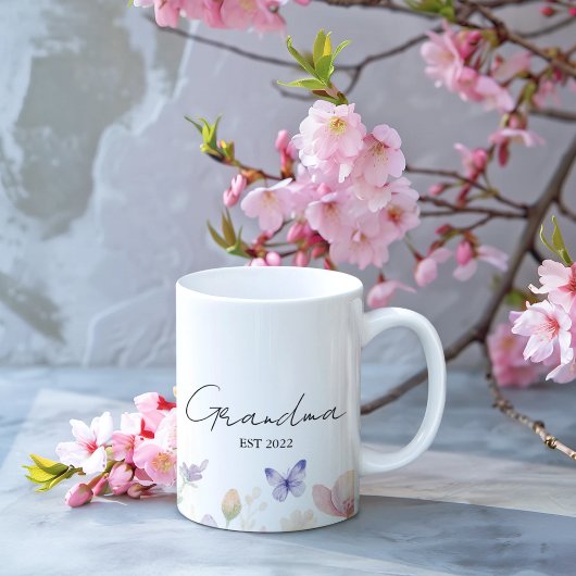 Mug Custom Grandma Est. Year - Flower and Butterfly