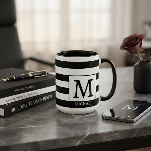 Mug Custom Monogram Initial Name Black White Stripes