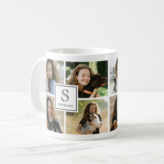 Mug Custom Monogram & Name 4 Photo Collage Grid  (Devant gauche)