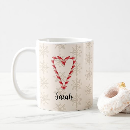 Mug Custom Name Candy Cane Heart Snowflake Pattern (Avec donut)