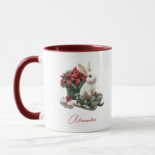 Mug Custom Name Christmas Bunny Rabbit Red Poinsettia (Gauche)