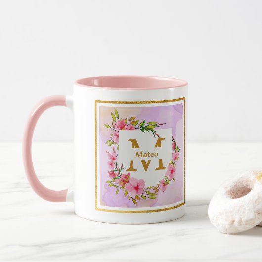 Mug Custom Name Pink Floral Watercolor (Avec donut)