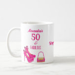 Mug Cute 50th Birthday Hot rose High Heels Nom Cadeau<br><div class="desc">Moderne et élégant, Pour les 50 ans vieux fashionista cadeau d'anniversaire tasse de café. Magnifique une paire de talons hauts 👠 avec des arcs et un mignon et coloré sac à main rose or 👛 (sac à main), 50 & Fabulous script fuchsia rose chaud fuchsia. Vous pouvez facilement modifier votre...</div>