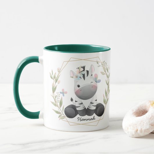 Mug Cute Baby Zebra Flower Wreath Nom personnalisé (Avec donut)