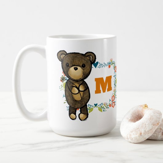 Mug Cute Bear, Yellow Flower & Floral Wreath Monogram (Avec donut)