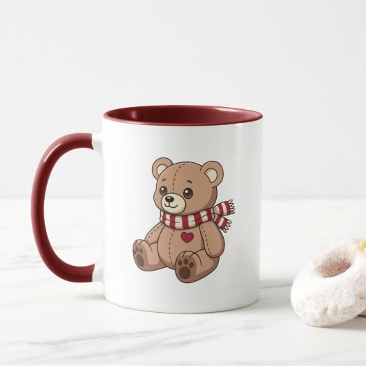 Mug Cute Beige Teddy Bear with Striped Scarf (Avec donut)