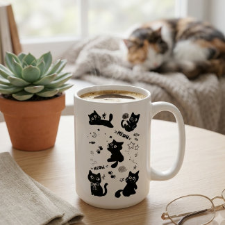 Mug Cute Black Cats Doodles Pattern Kawaii Meow
