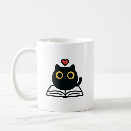 Mug Cute Black Kawaii Cat Reading Book Cartoon (Gauche)