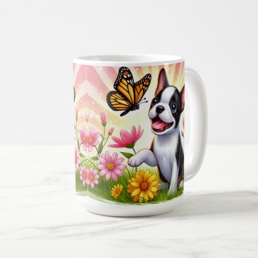 Mug Cute Boston Terrier Chiot Jouant Avec Papillon (Devant droit)